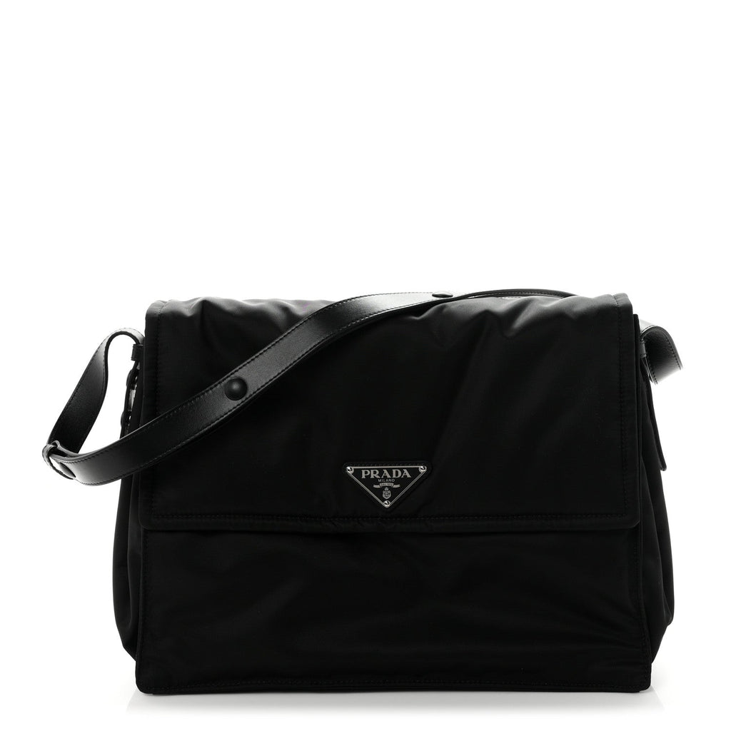 Re-Nylon Vitello Padded Large Traveler Flap Shoulder Bag Black