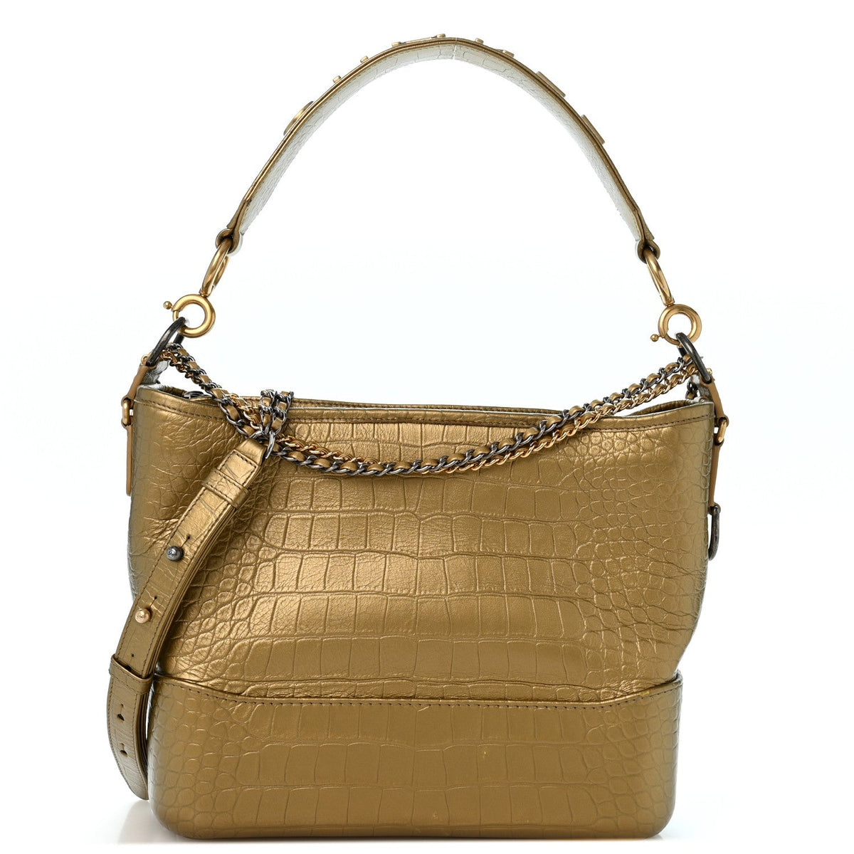 Metallic Calfskin Crocodile Embossed Medium Gabrielle Cocodile Hobo Gold