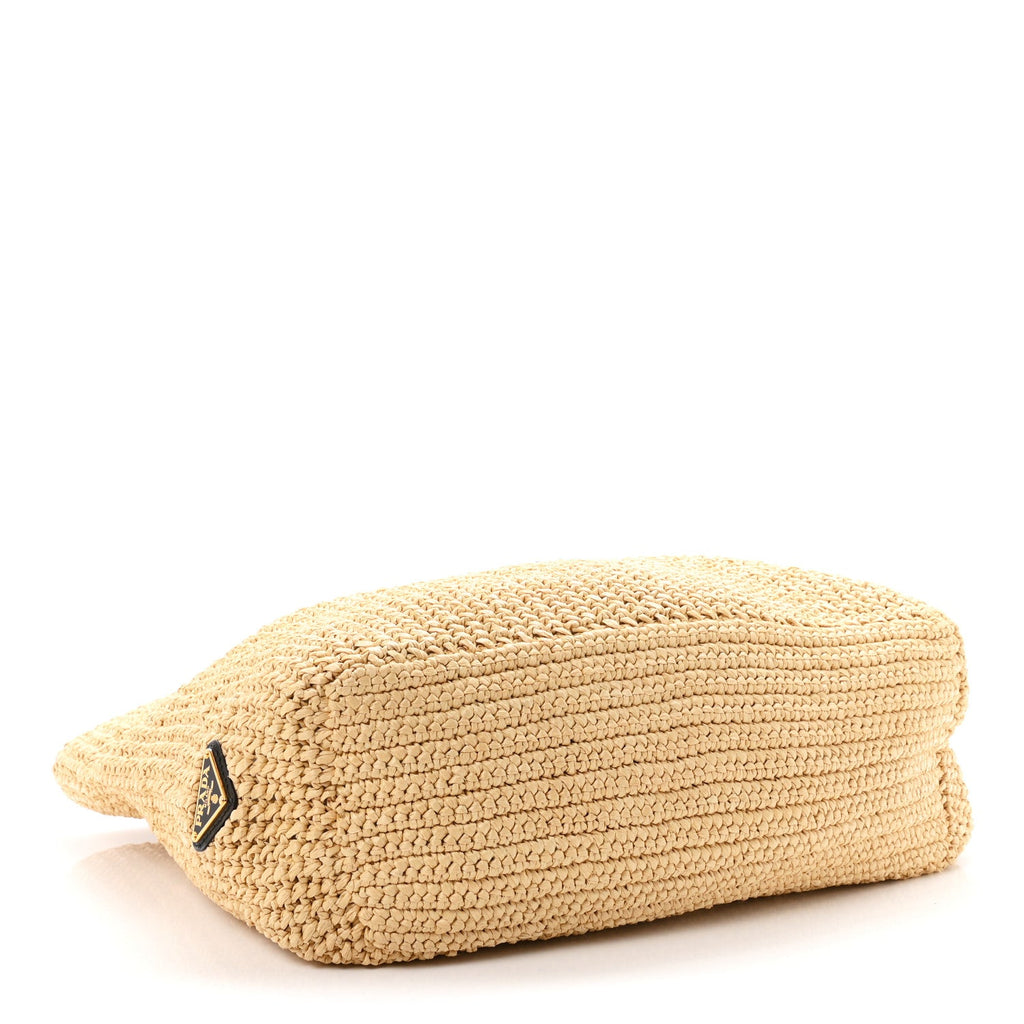 Yarn Raffia Effect Crochet Embroidered Logo Tote Naturale
