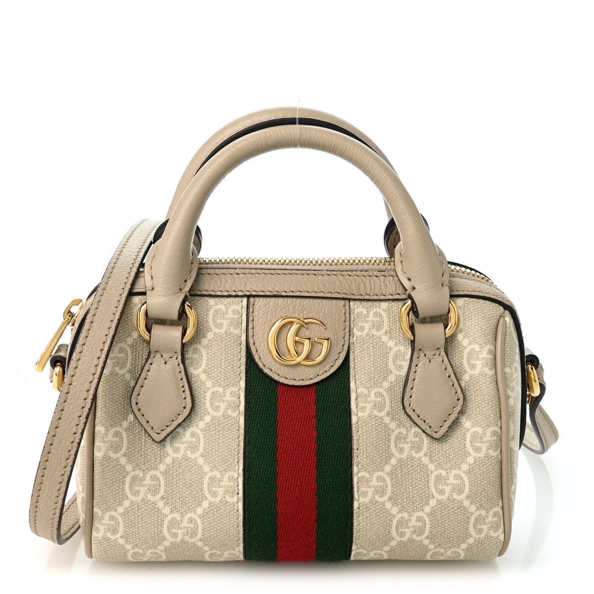 GG Supreme Monogram Textured Dollar Calfskin Web Super Mini Ophidia Top Handle Bowler Bag Beige Mystic White Oatmeal