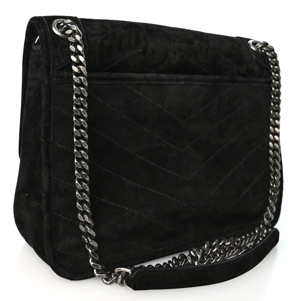 Suede Monogram Medium Niki Chain Satchel Black