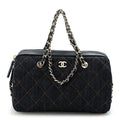 Denim Quilted Barrel Clutch With Chain Dark Blue Orange