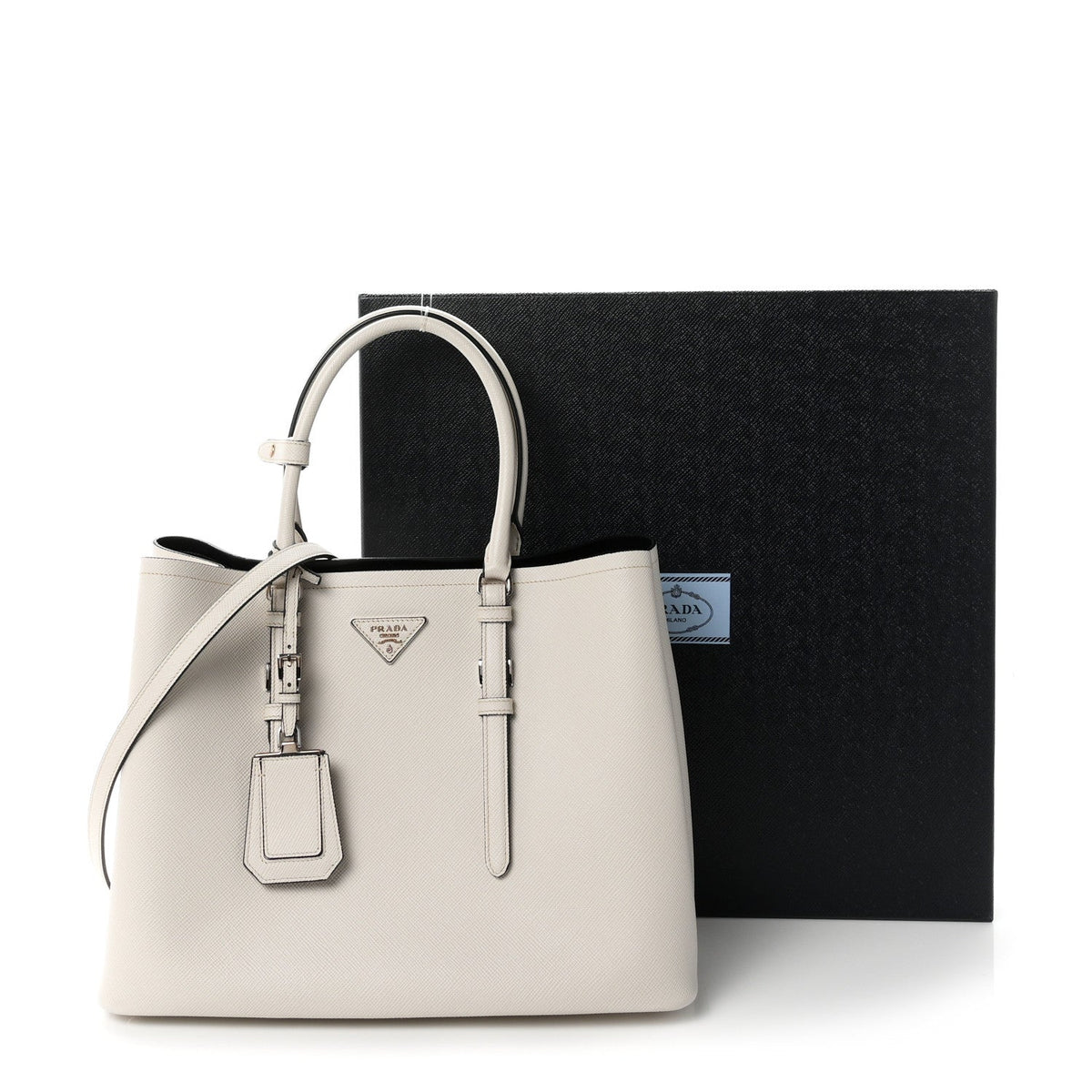 Saffiano Cuir Medium Double Handle Tote Talco Black