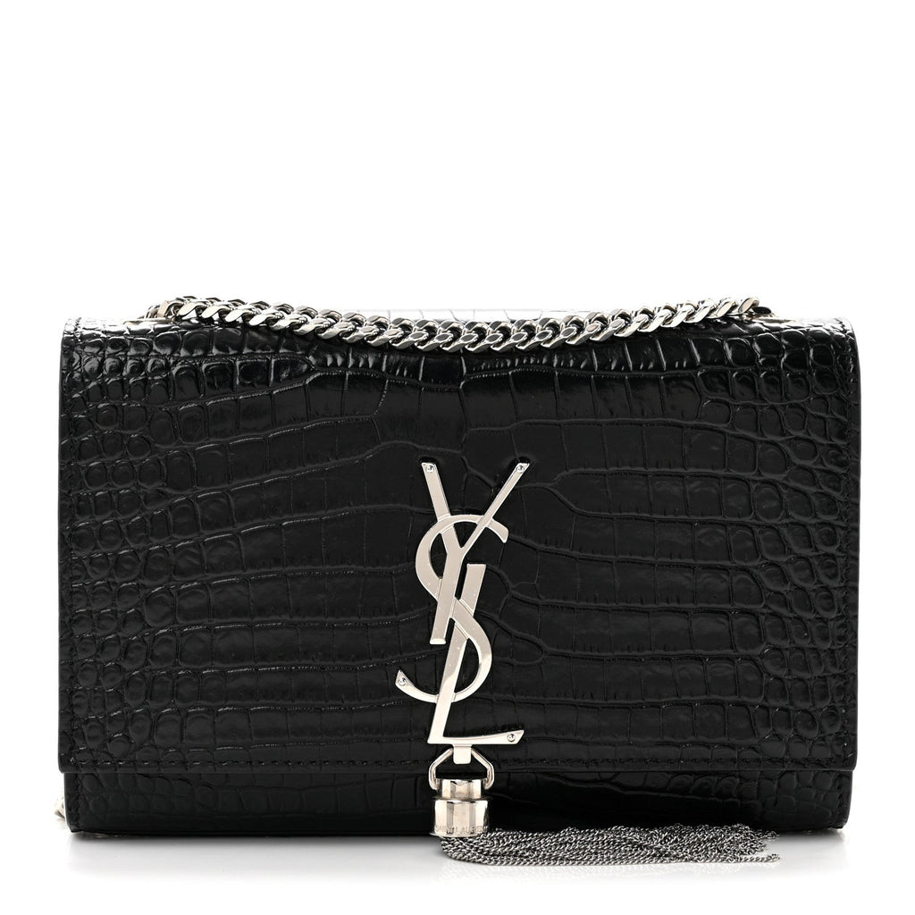 Calfskin Crocodile Embossed Small Classic Monogram Kate Tassel Satchel Black