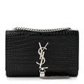 Calfskin Crocodile Embossed Small Classic Monogram Kate Tassel Satchel Black