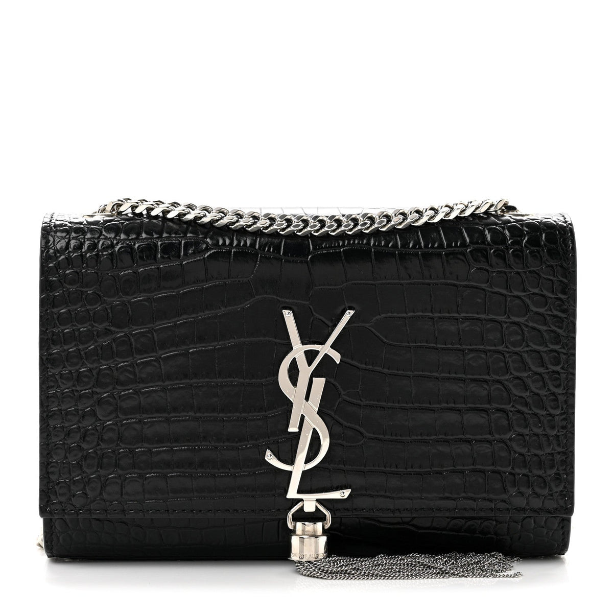 Calfskin Crocodile Embossed Small Classic Monogram Kate Tassel Satchel Black
