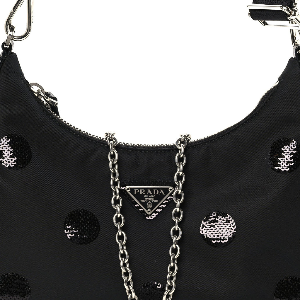 Nylon Sequin Embellished Polka Dot Re-Edition 2005 Shoulder Bag Black