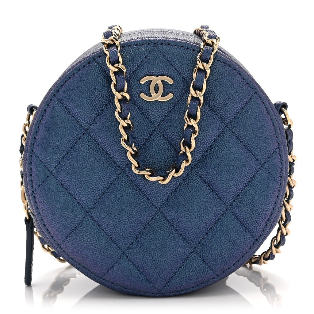 Iridescent Caviar Quilted Round Clutch With Chain Blue