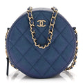Iridescent Caviar Quilted Round Clutch With Chain Blue