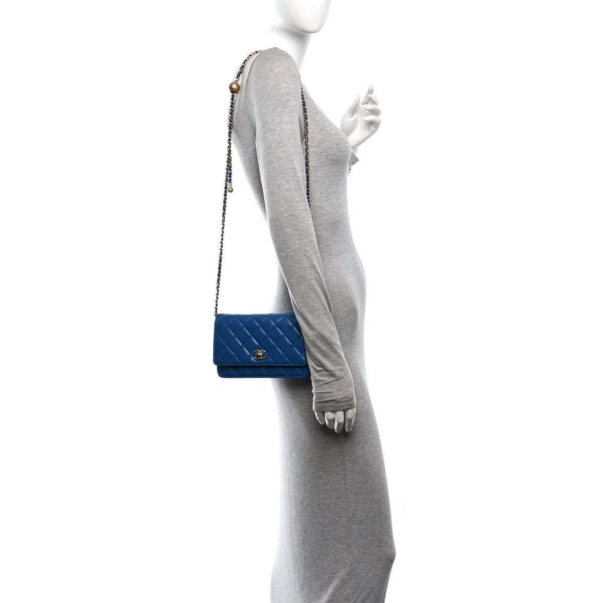 Lambskin Quilted CC Pearl Crush Wallet on Chain WOC Blue