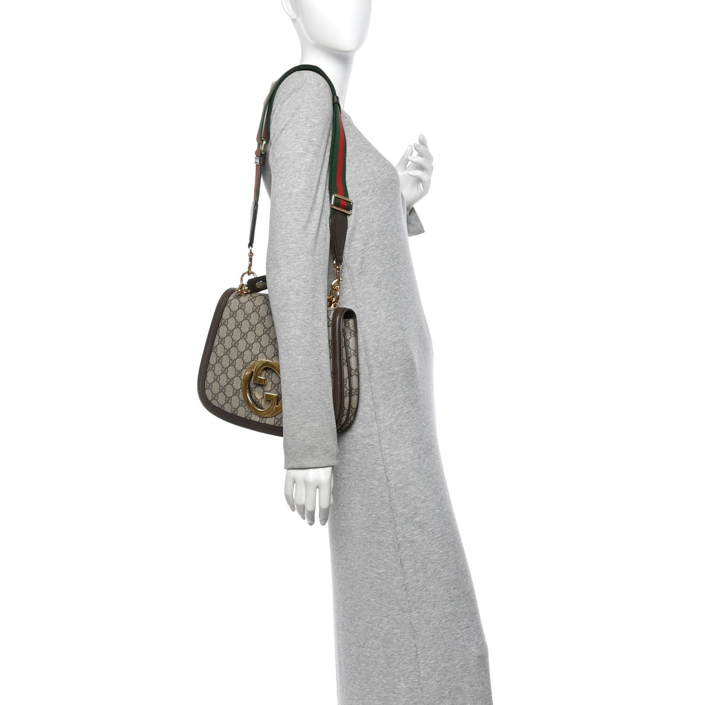 GG Supreme Monogram Textured Dollar Calfskin Web Medium Blondie Top Handle Shoulder Flap Bag Beige Ebony New Acero