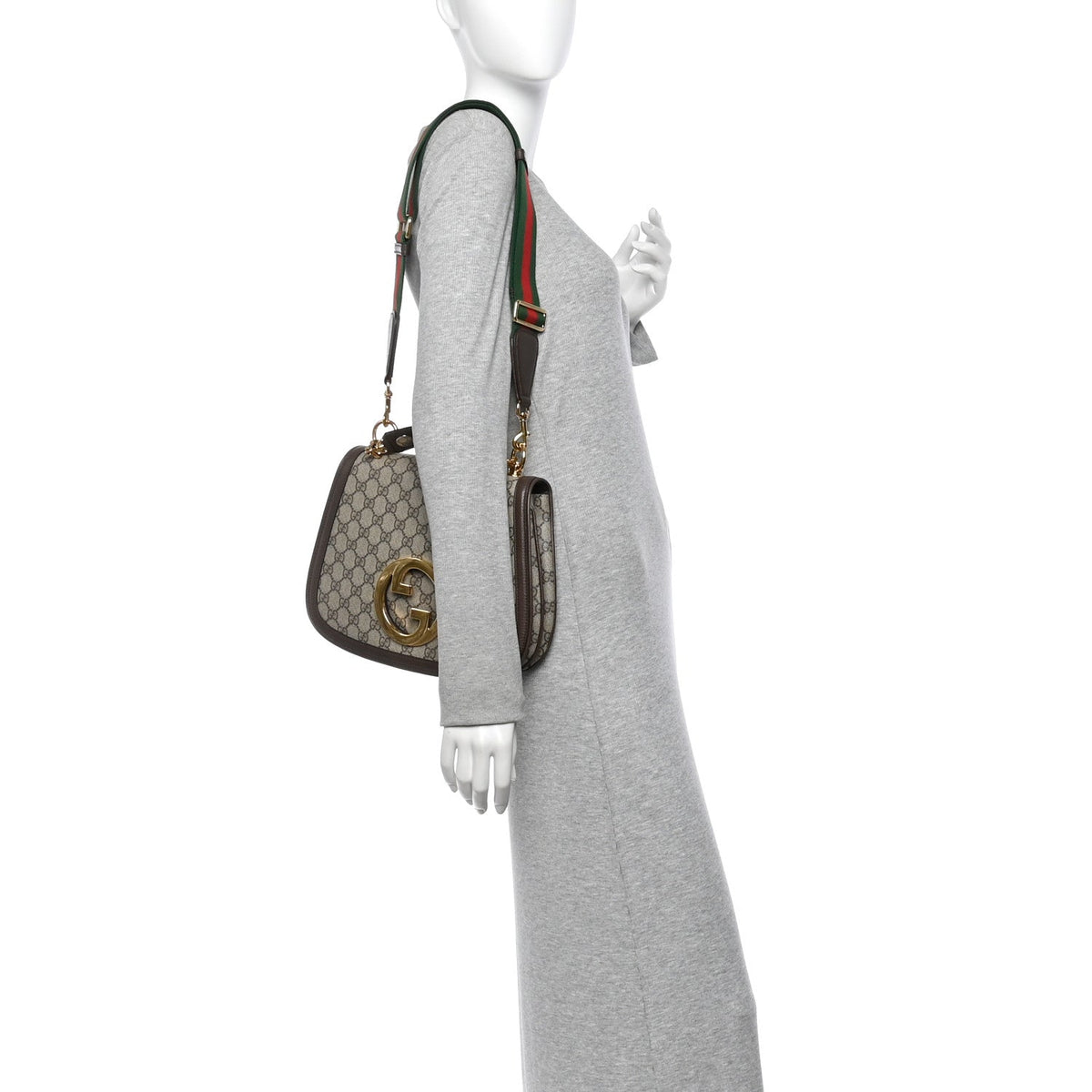 GG Supreme Monogram Textured Dollar Calfskin Web Medium Blondie Top Handle Shoulder Flap Bag Beige Ebony New Acero