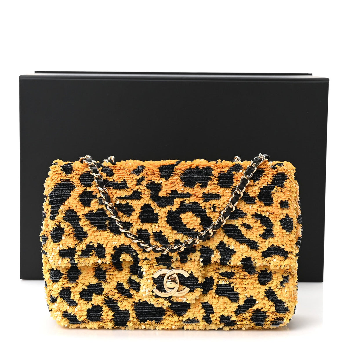 Sequin Mixed Fibers Leopard Print Mini Rectangular Flap Black Orange