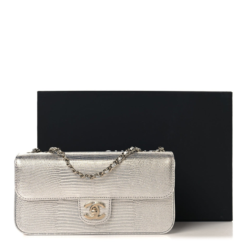 Metallic Calfskin Lizard Embossed Small East West Flap Silver