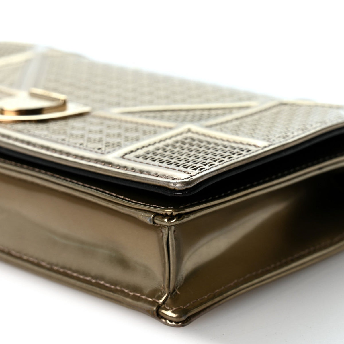 Metallic Patent Micro-Cannage Diorama Wallet on Chain Pouch Gold