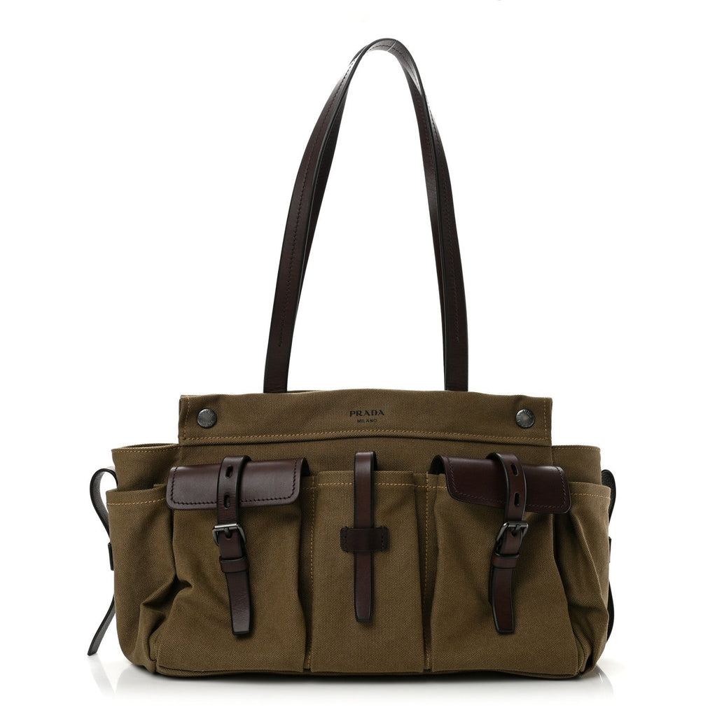 Canvas Calfskin Large Route Shoulder Bag Khaki