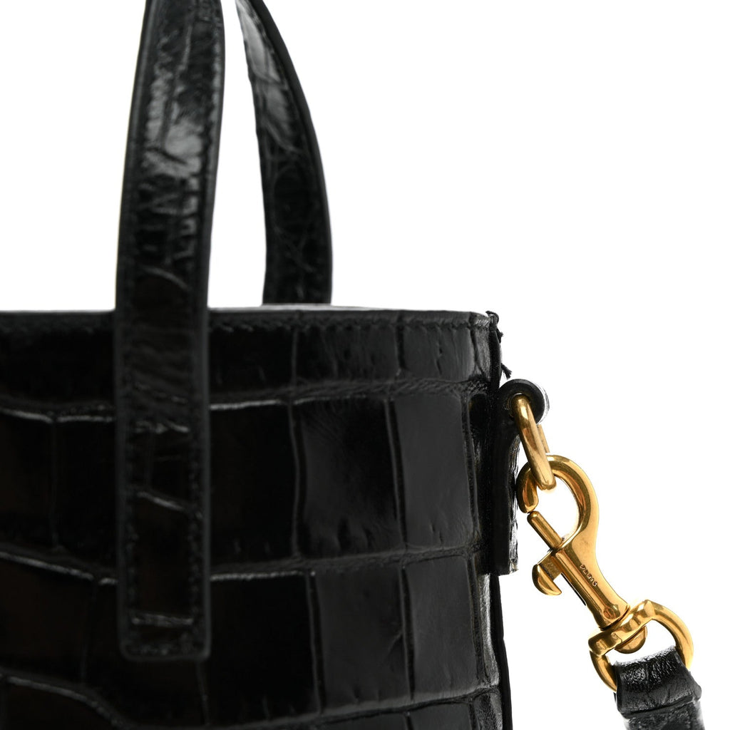 Calfskin Crocodile Embossed Paris Mini Toy Shopper Tote Black