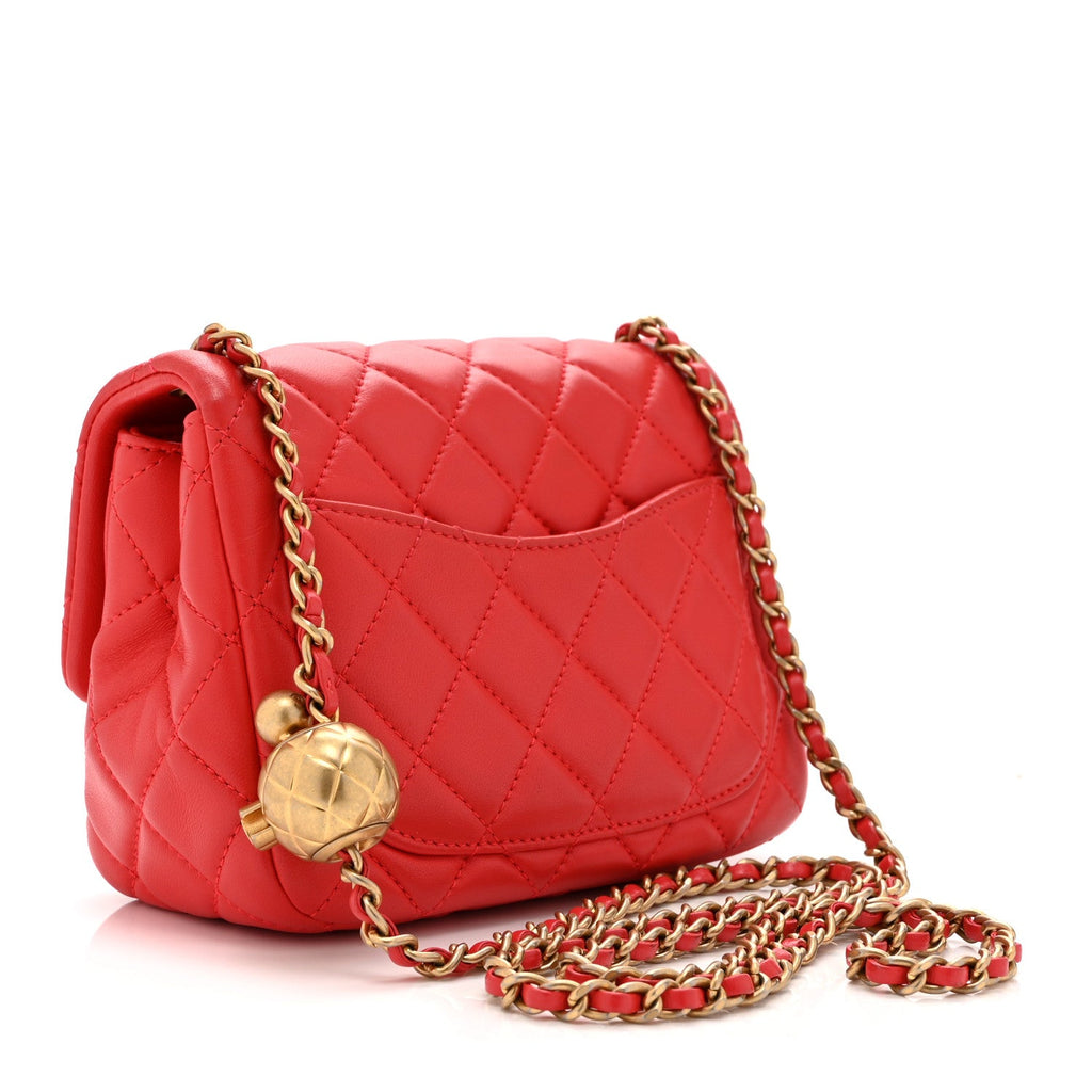 Lambskin Quilted Mini Pearl Crush Flap Red