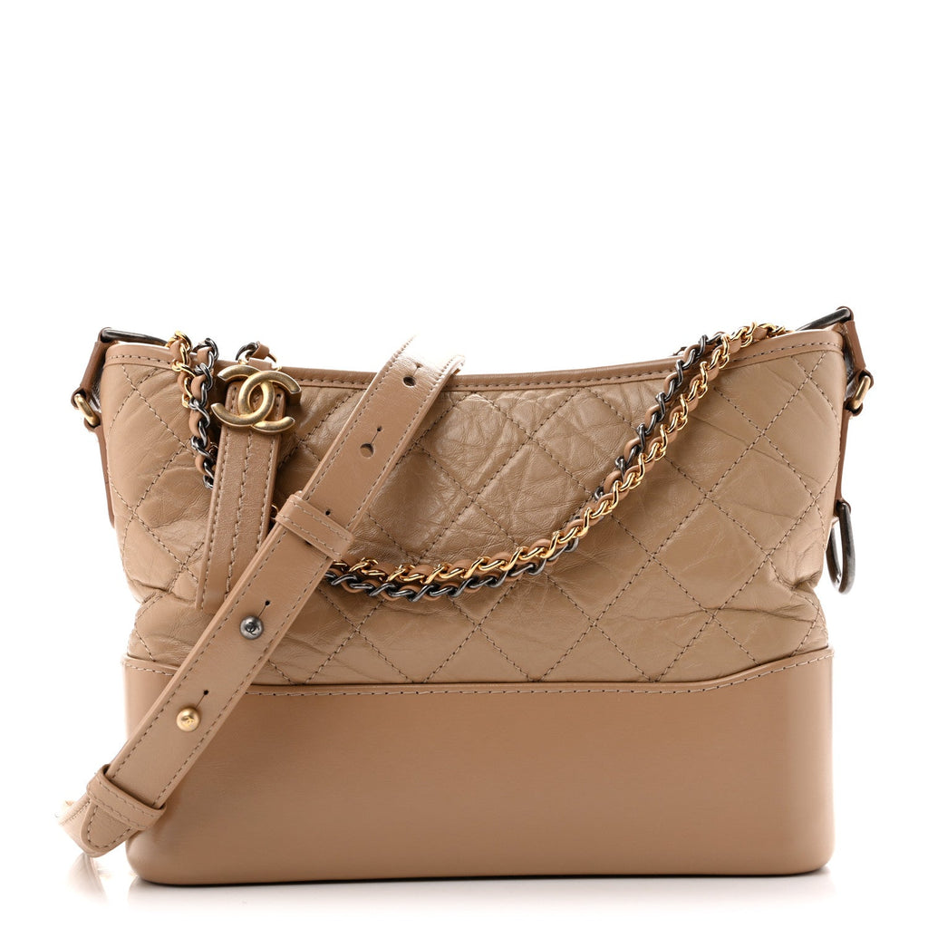 Aged Calfskin Quilted New Medium Gabrielle Hobo Beige