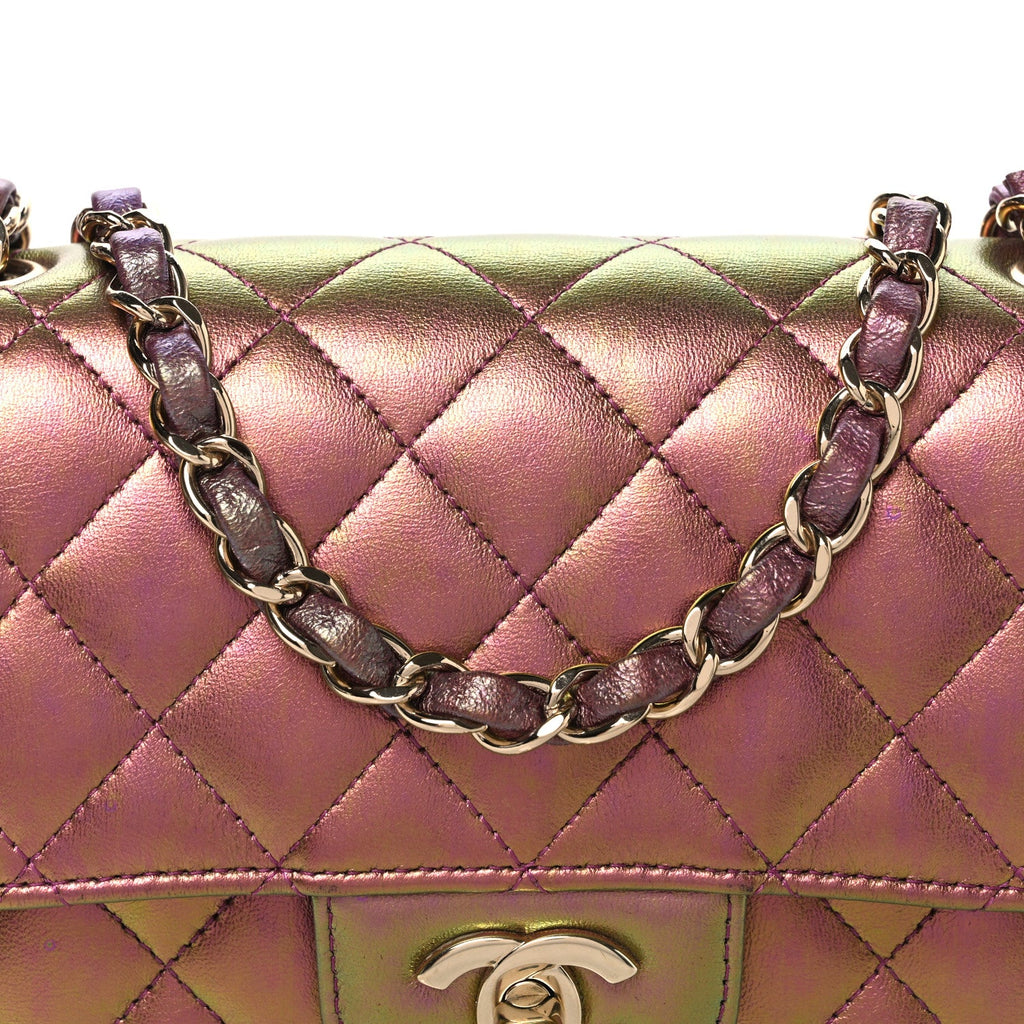 Iridescent Lambskin Quilted Mini Rectangular Flap Purple