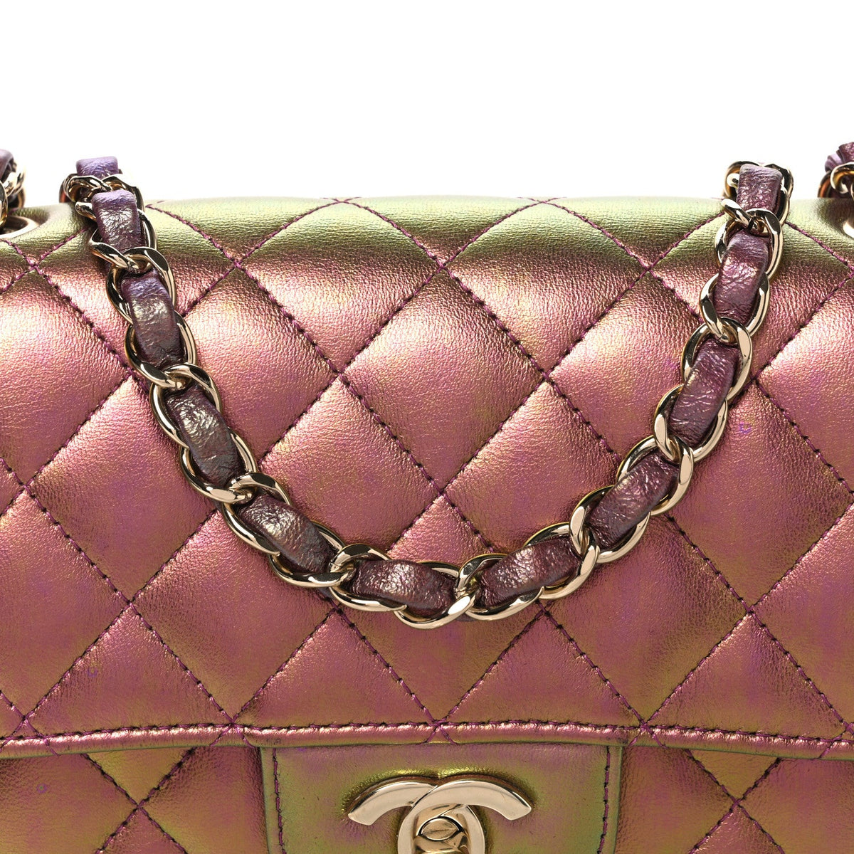 Iridescent Lambskin Quilted Mini Rectangular Flap Purple