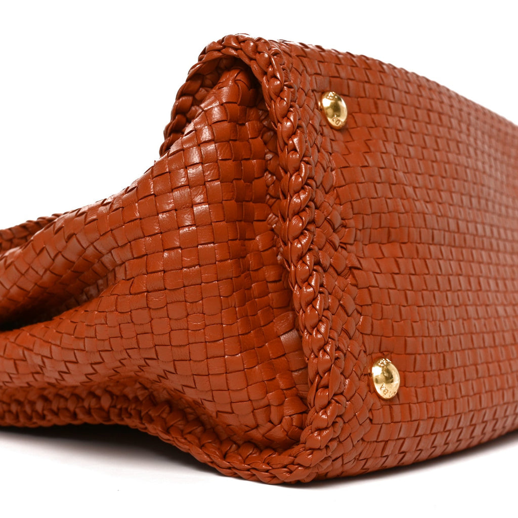 Goatskin Woven Small Tote Cognac