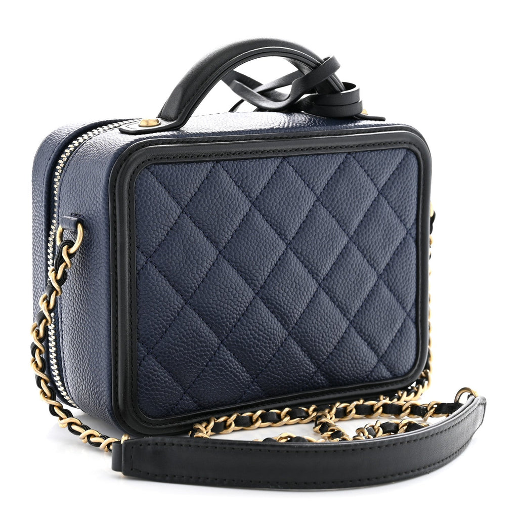 Caviar Quilted Small CC Filigree Vanity Case Navy Black