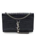 Calfskin Crocodile Embossed Medium Classic Monogram Kate Tassel Satchel Black