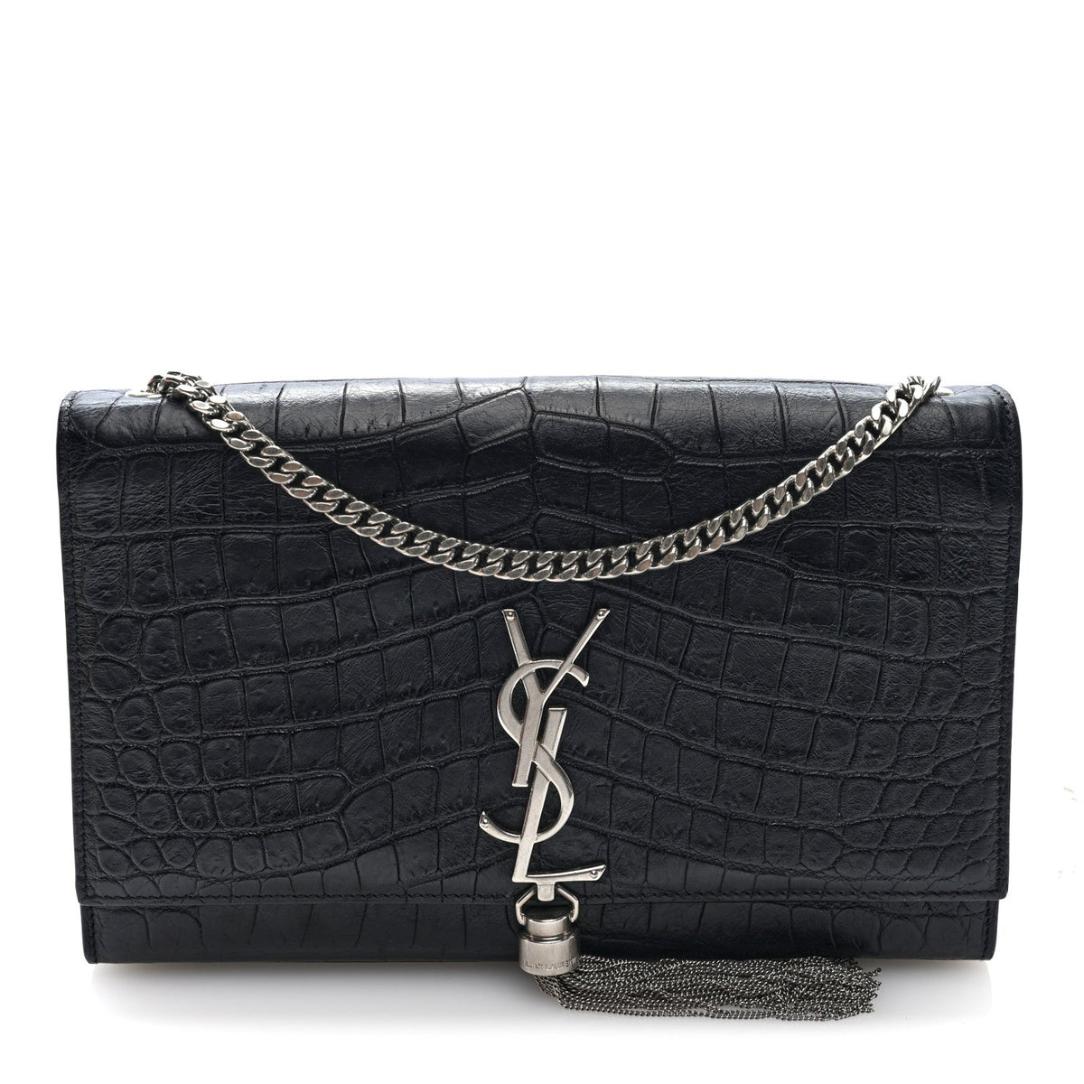 Calfskin Crocodile Embossed Medium Classic Monogram Kate Tassel Satchel Black