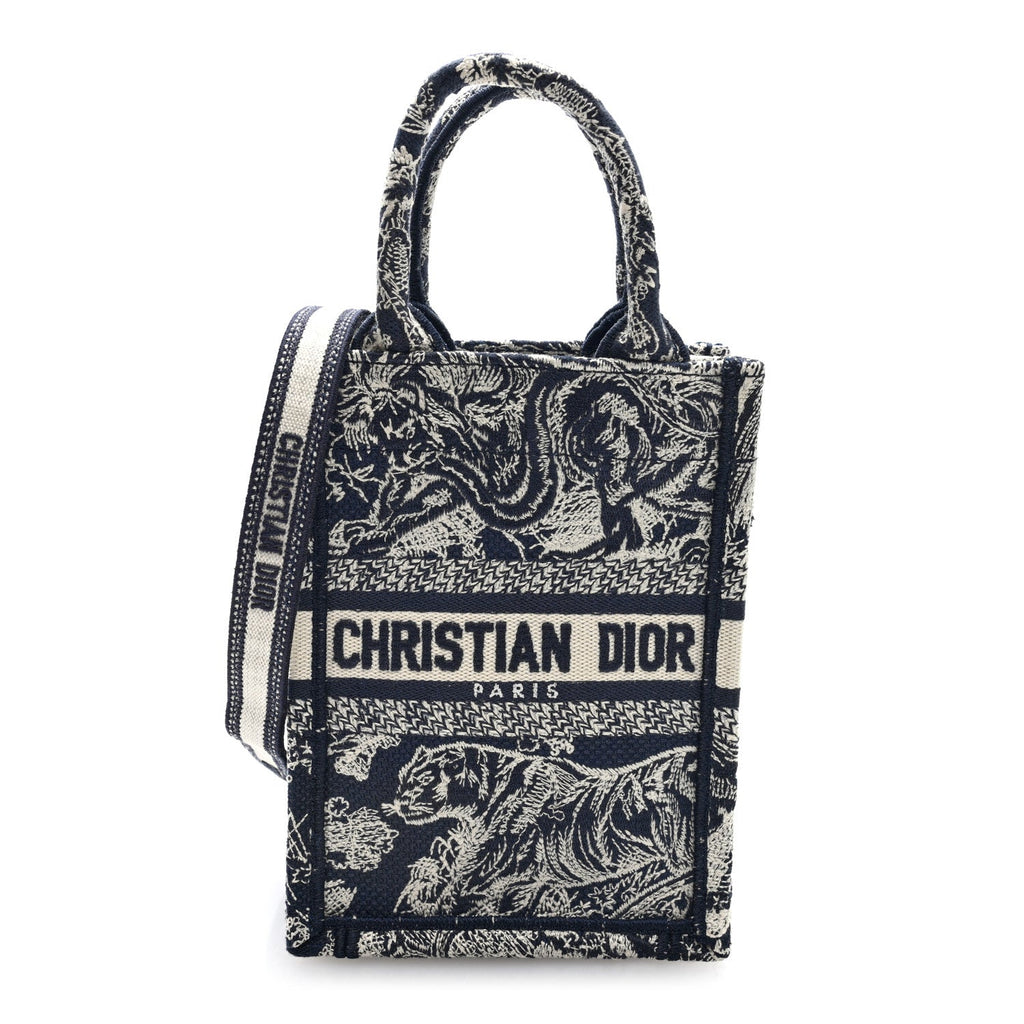 Canvas Toile de Jouy Reverse Embroidered Mini Book Tote Phone Bag Blue