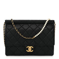 Lambskin Quilted Large Pearl Chain Flap Bag Black