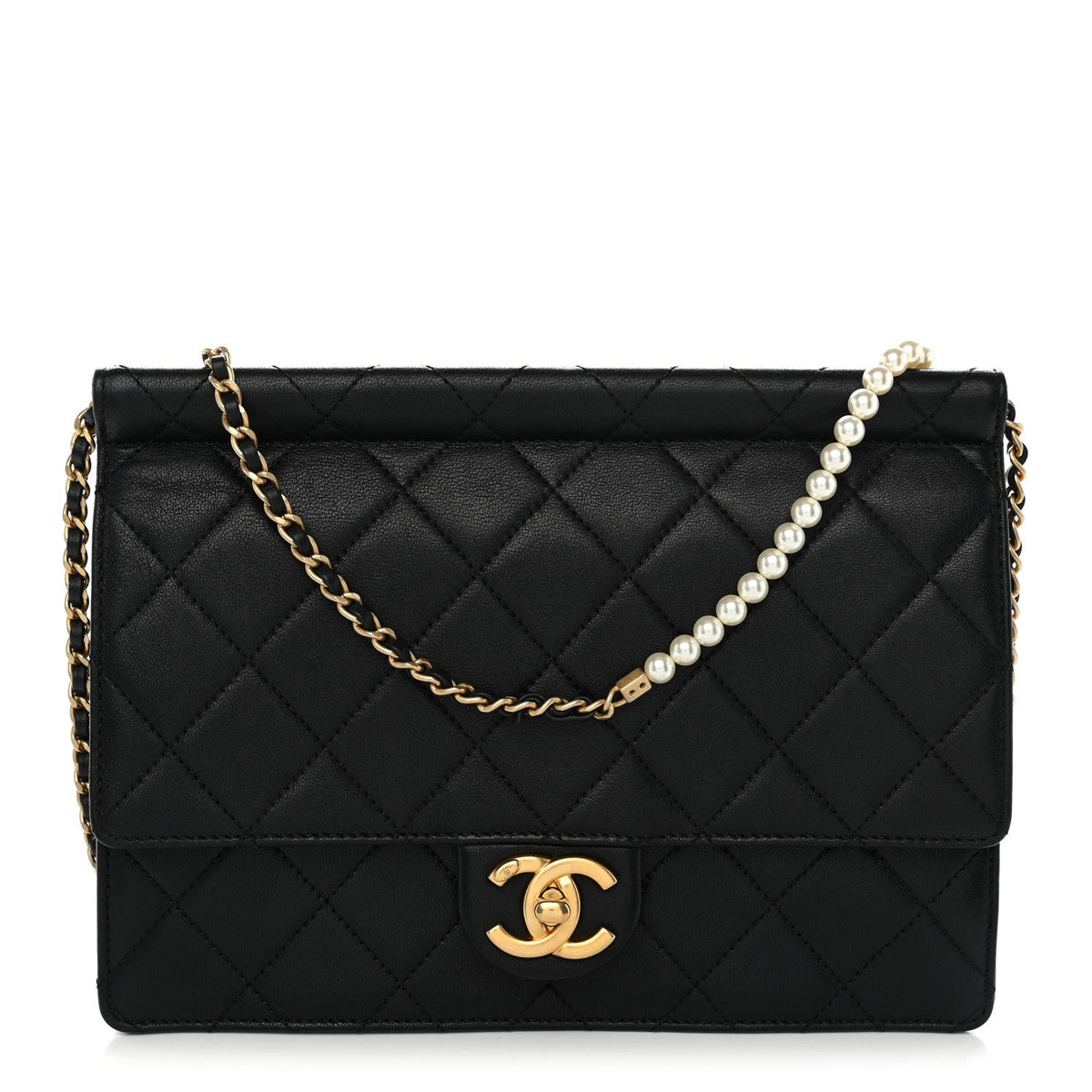 Lambskin Quilted Large Pearl Chain Flap Bag Black
