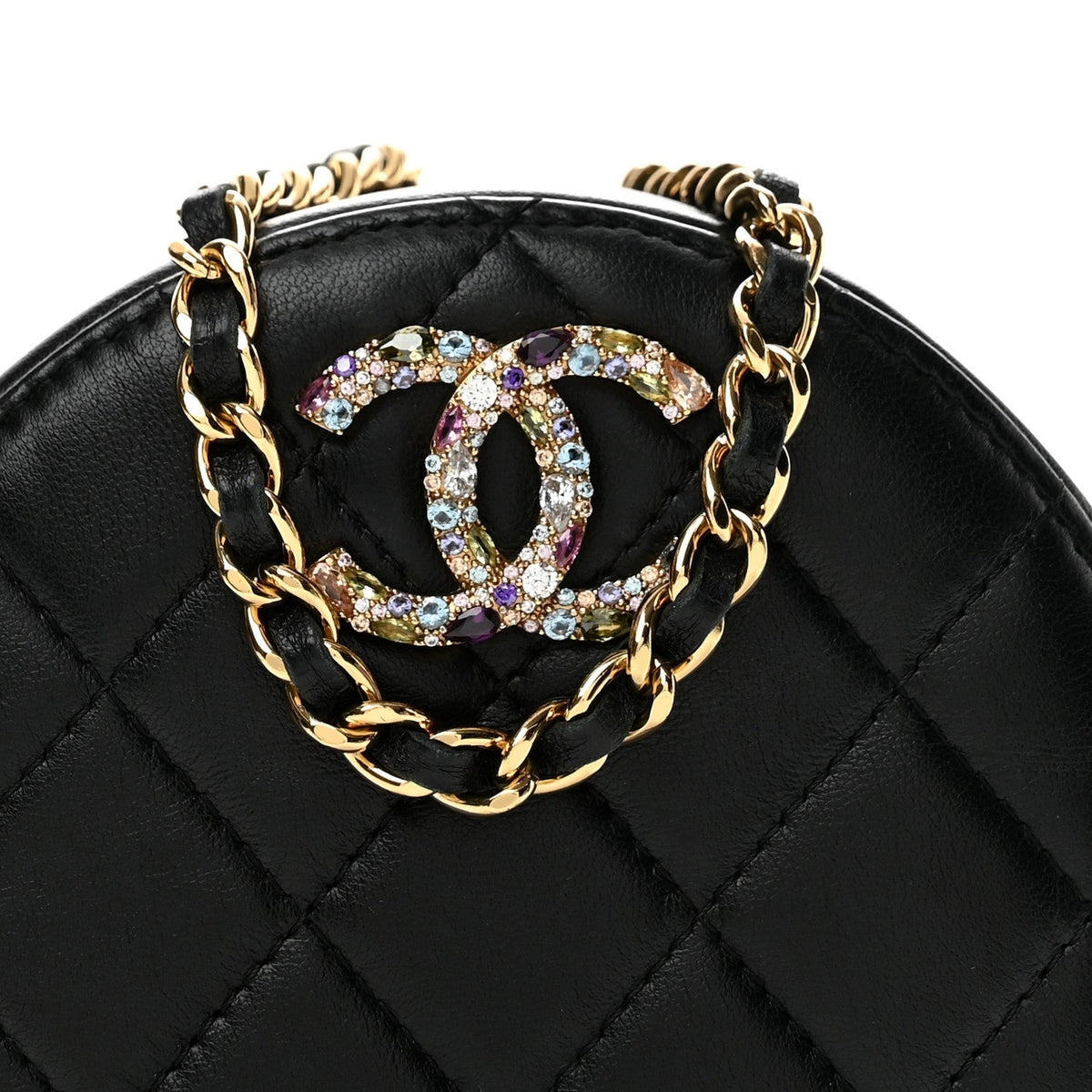Lambskin Quilted Zirconium Round Clutch With Chain Black