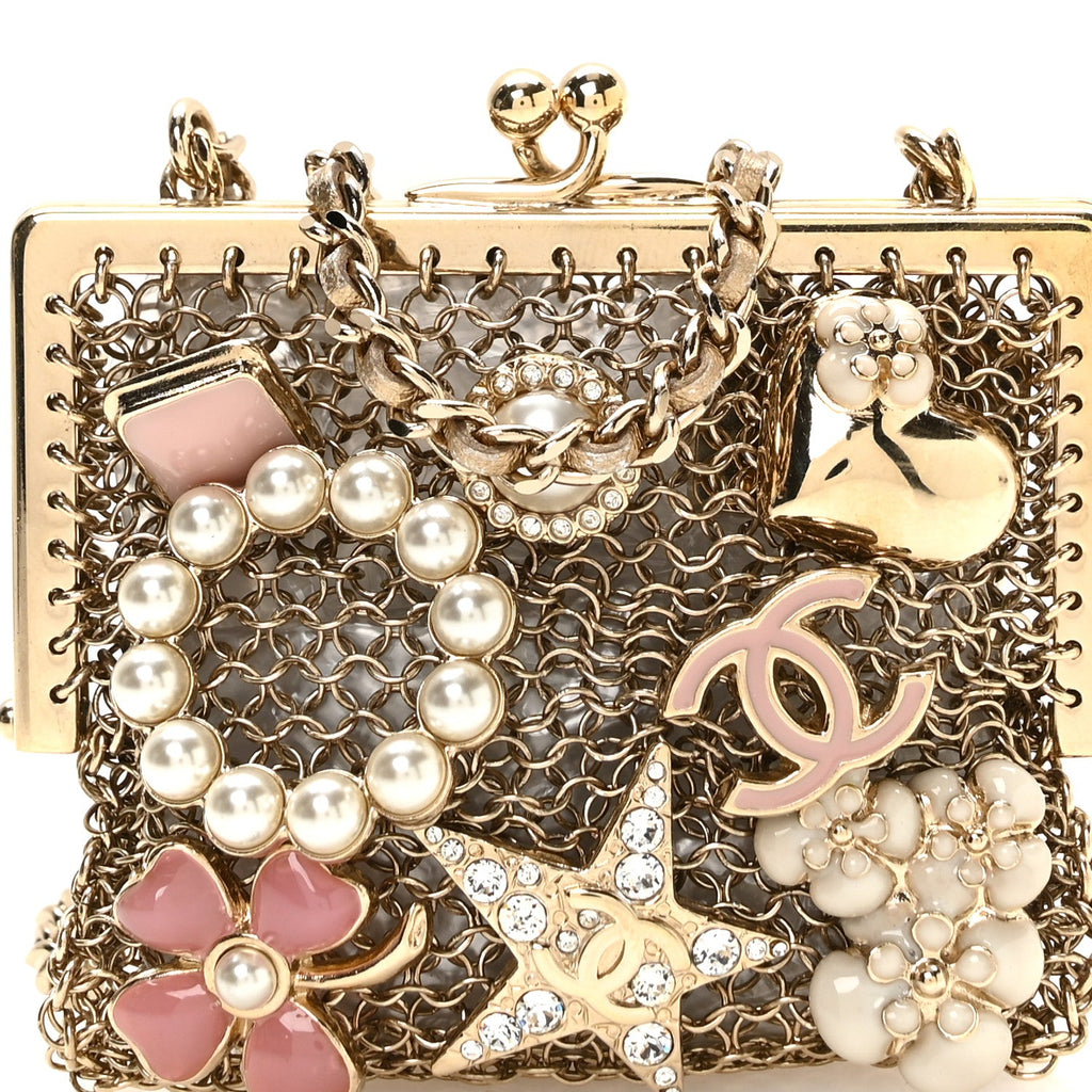 Metal Pearl Enamel Kiss Lock Chain Mail Charm Clutch Gold