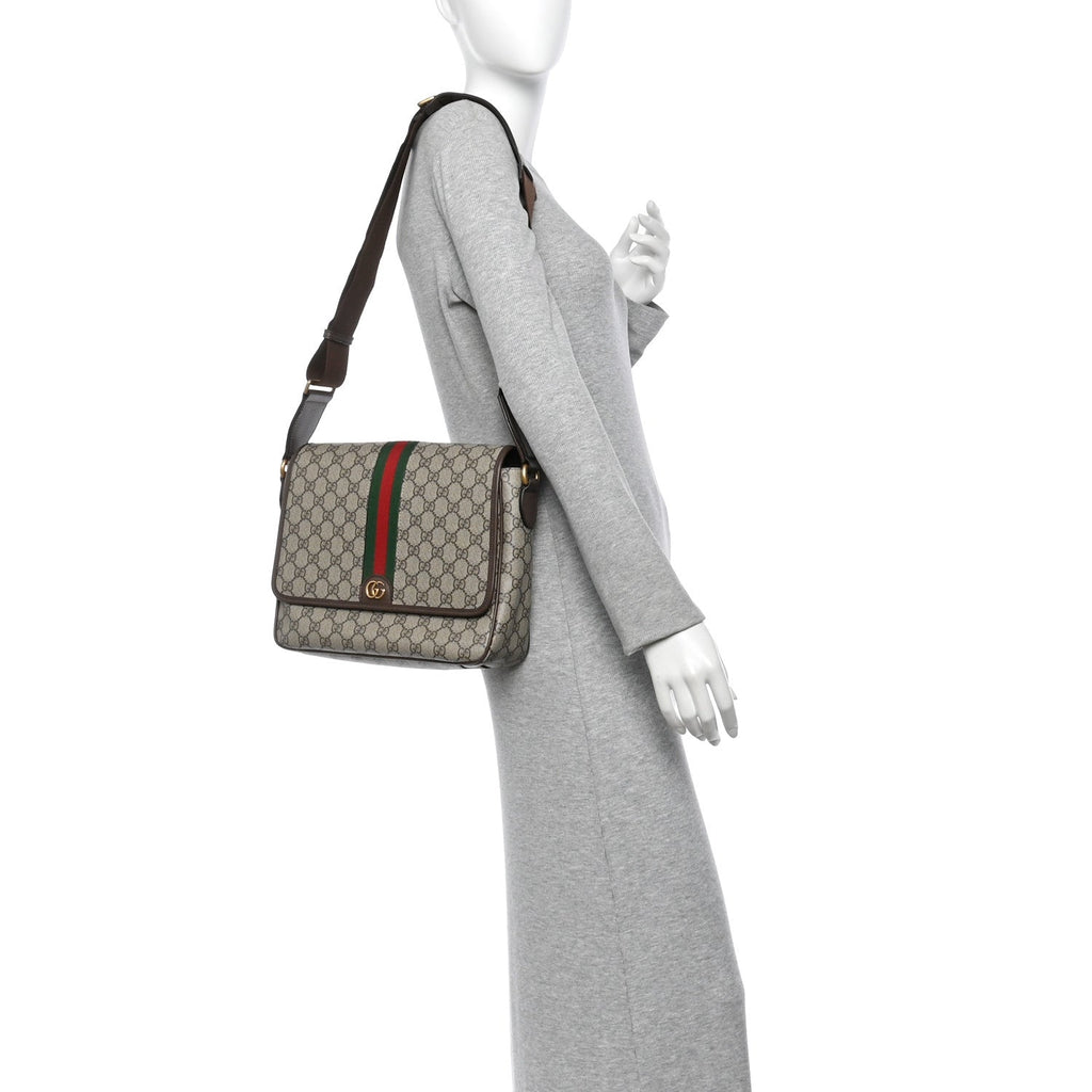 Tender GG Supreme Monogram Textured Dollar Calfskin Ophidia Messenger Bag Beige Ebony Dark Brown