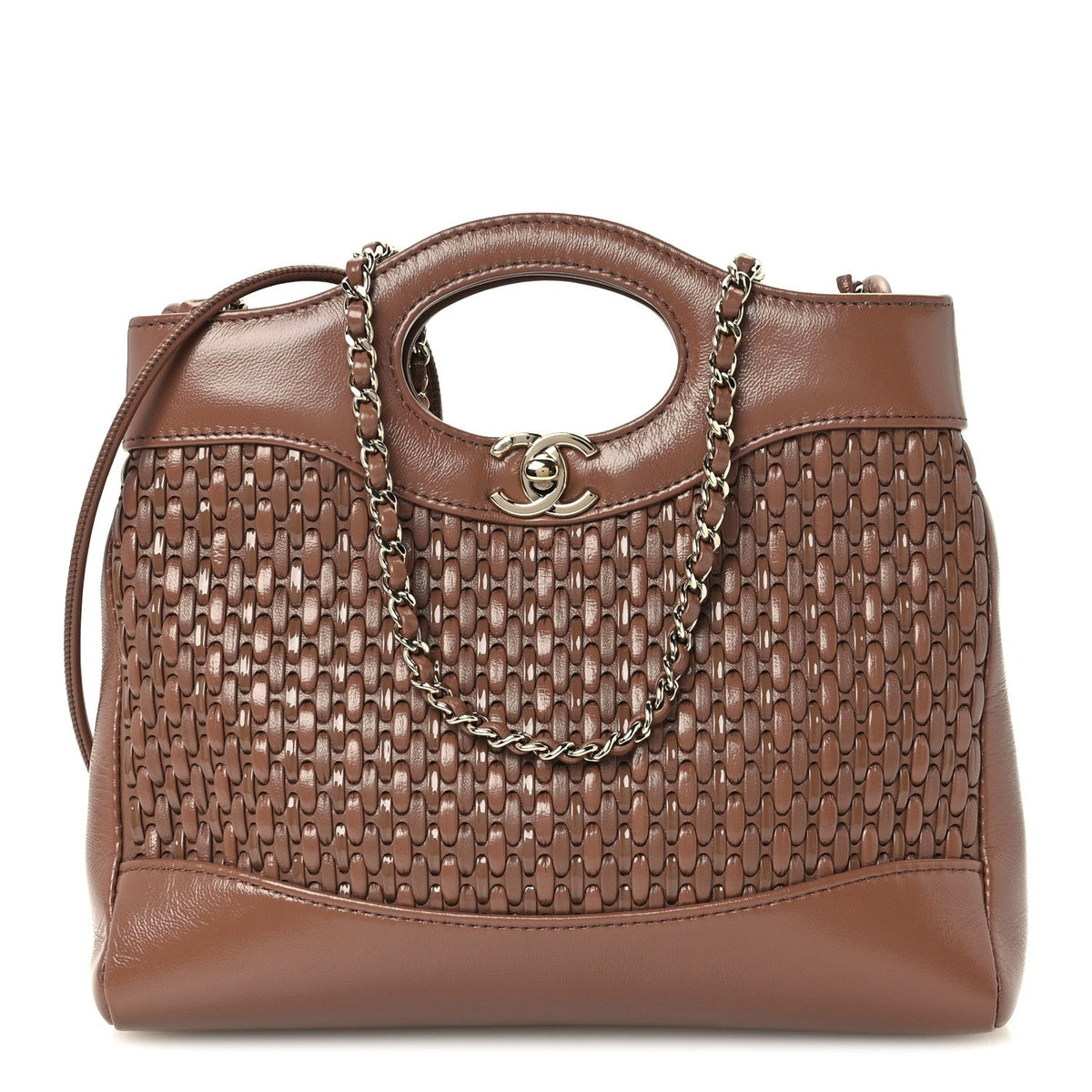 Shiny Lambskin Patent Calfskin Quilted Mini 31 Shopping Bag Brown
