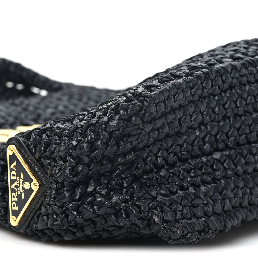 Yarn Raffia Effect Crochet Small Logo Tote Black