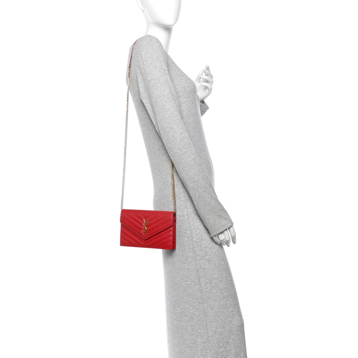 Grain De Poudre Matelasse Chevron Monogram Envelope Chain Wallet Rouge Eros