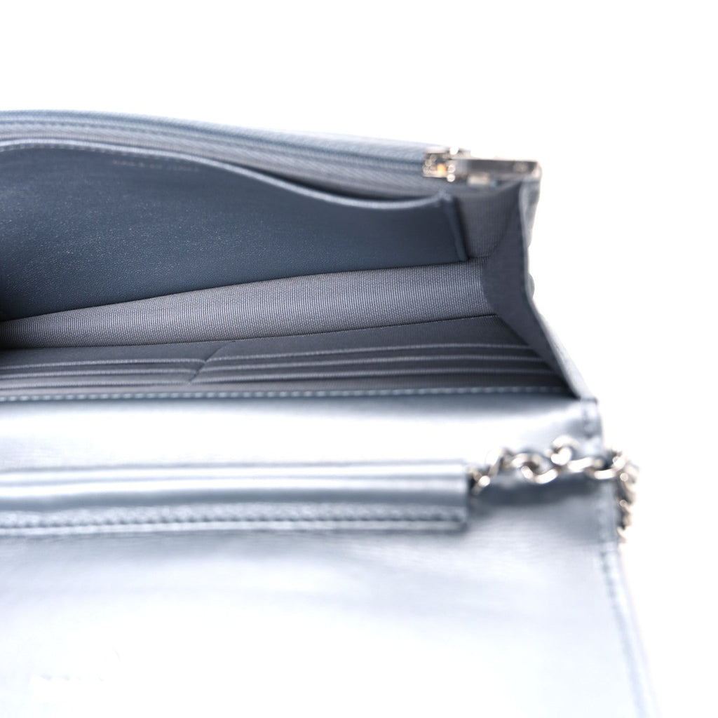 Metallic Lambskin Quilted Wallet On Chain WOC Silver