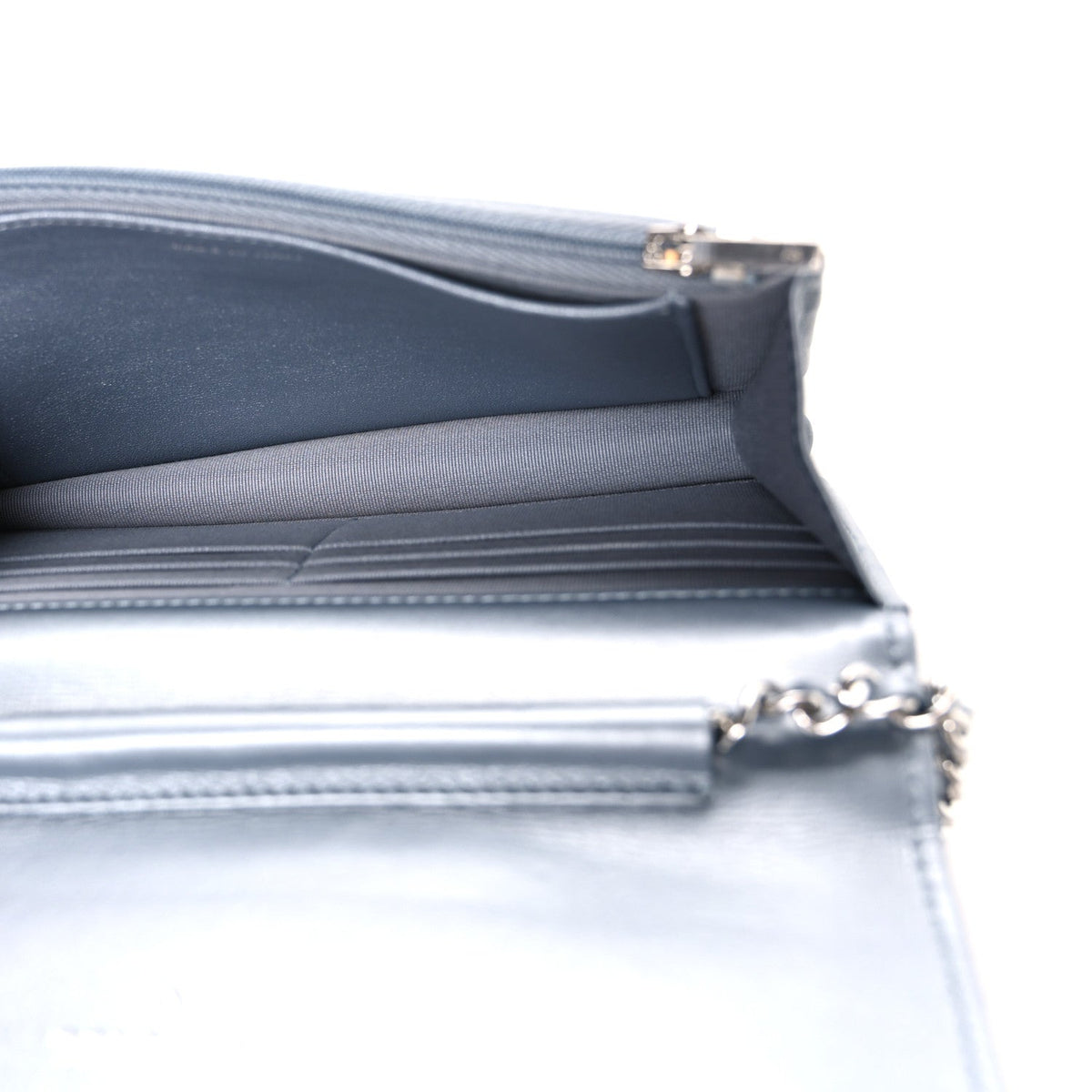 Metallic Lambskin Quilted Wallet On Chain WOC Silver