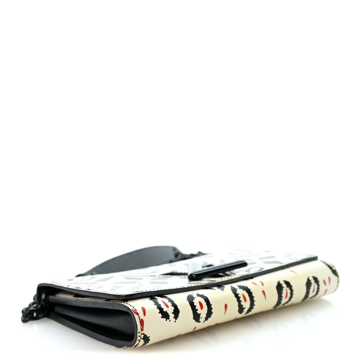 Calfskin Graphic Print Twist Chain Wallet White Black White Black