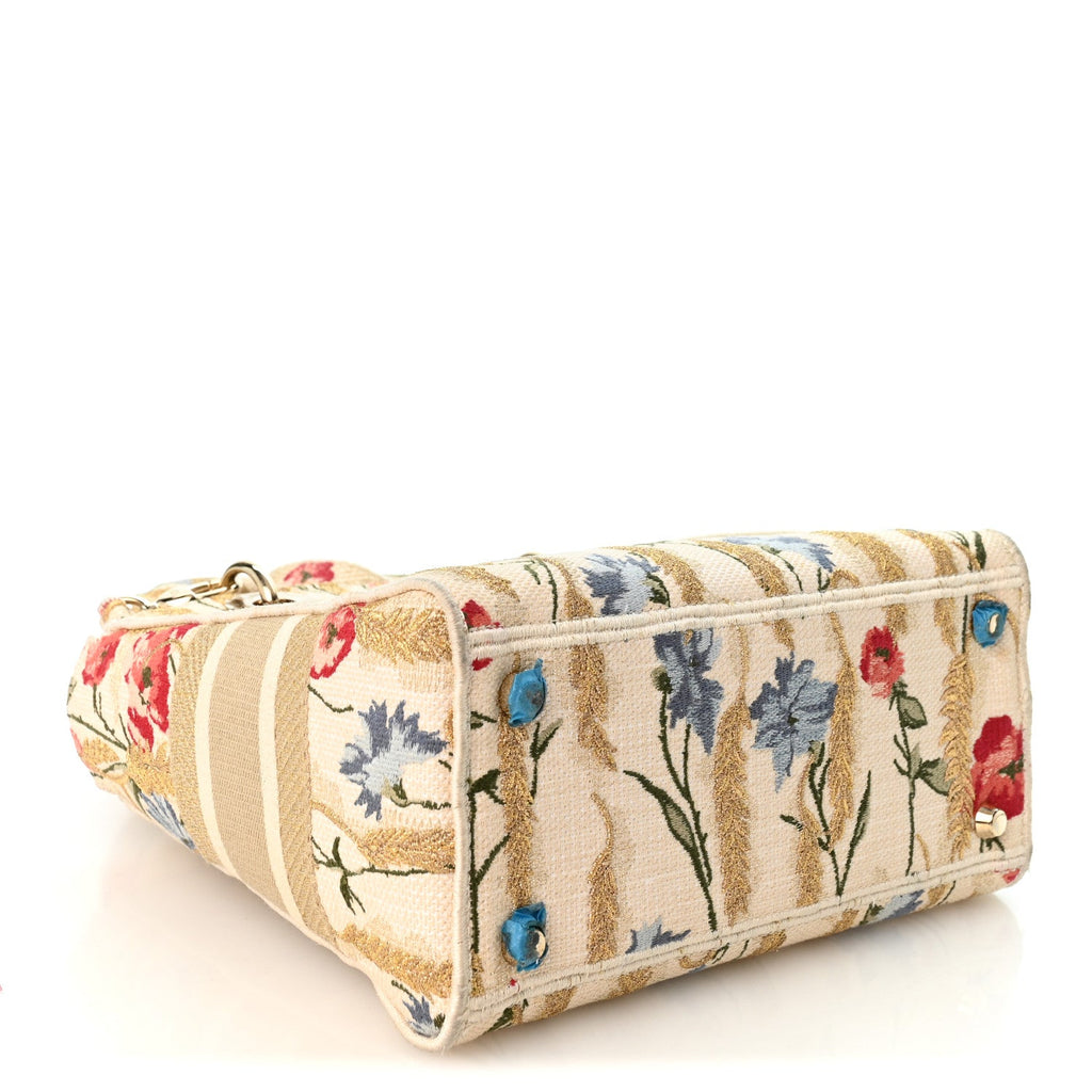 Canvas Embroidered Hibiscus Printed Medium Lady D-Lite Beige Multicolor