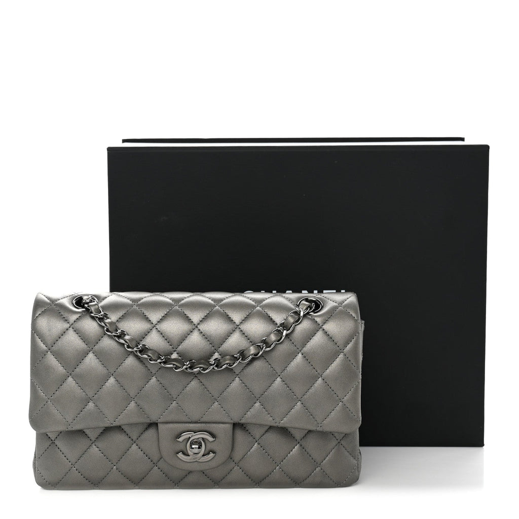Metallic Calfskin Quilted Medium Double Flap Ruthenium