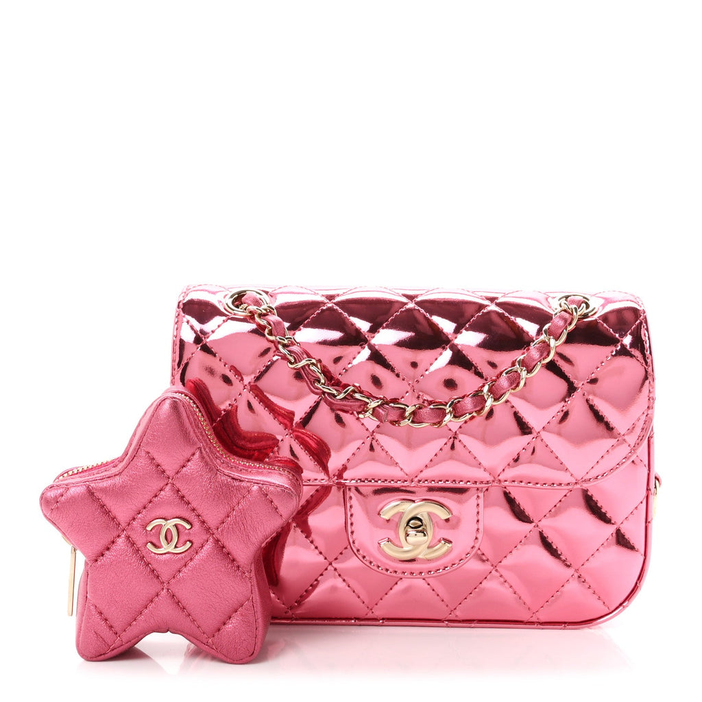 Mirror Calfskin Metallic Lambskin Quilted Hollywood Boulevard Mini Flap With Star Coin Purse Pink