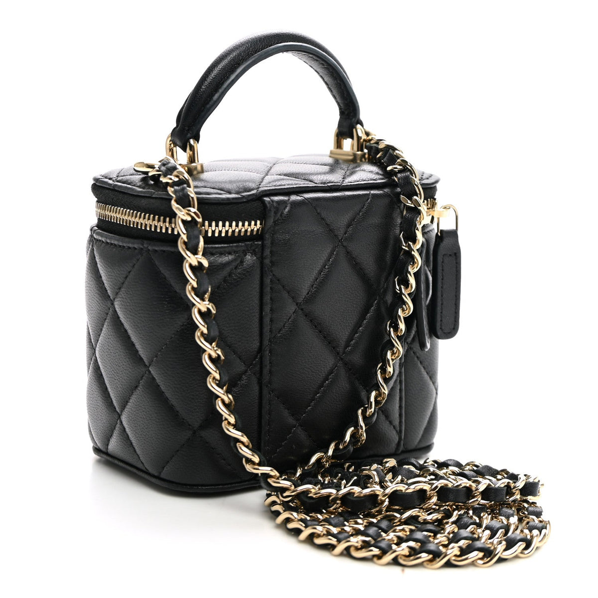 Lambskin Quilted Top Handle Mini Vanity Case With Chain Black