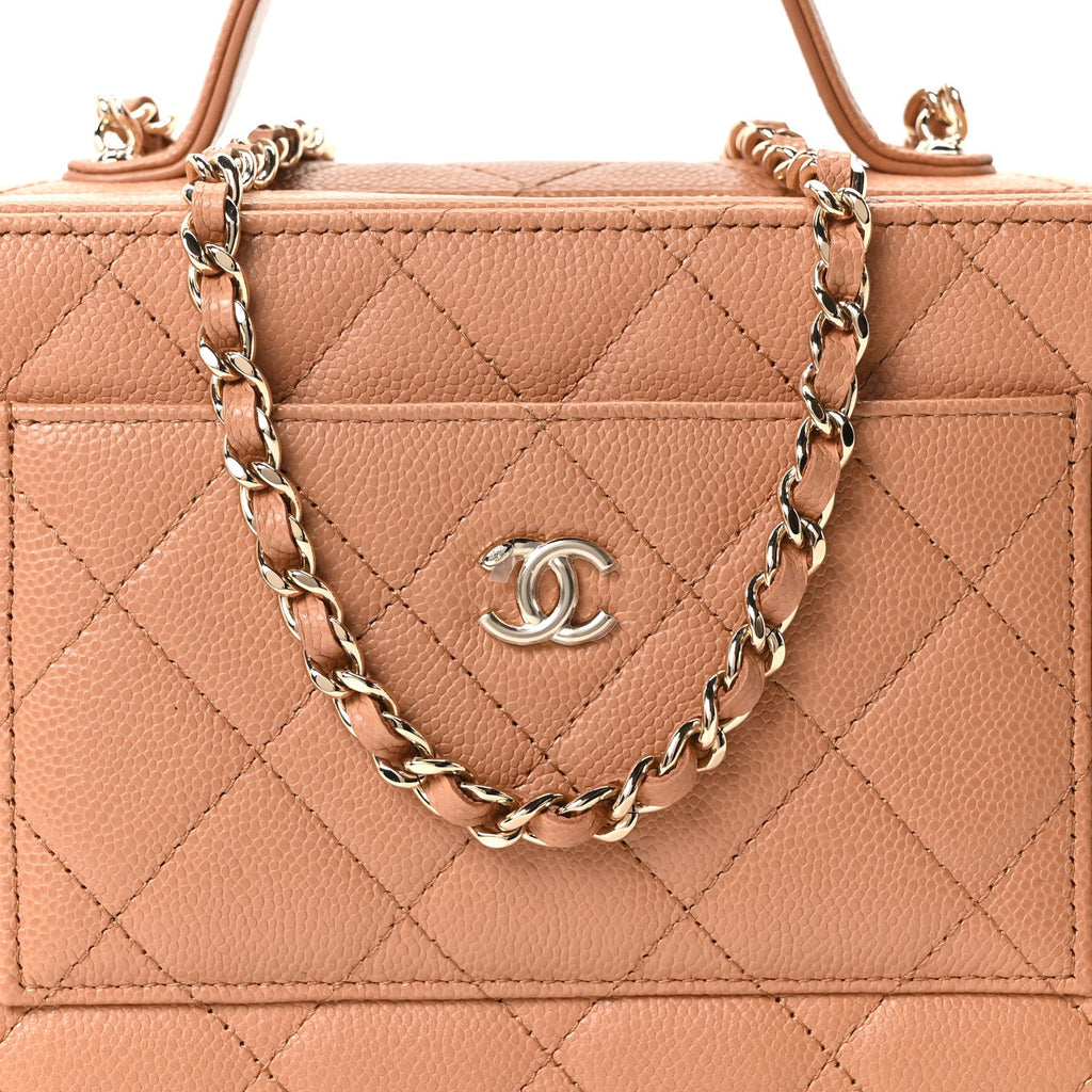 Caviar Quilted Top Handle Vanity With Chain Dark Beige