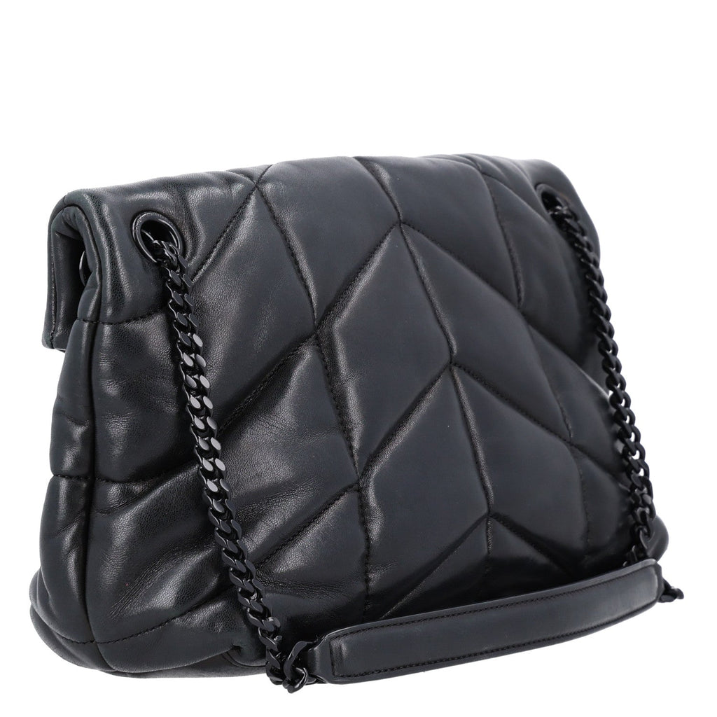 Lambskin Quilted Monogram Monochrome Small Loulou Puffer Chain Satchel Black