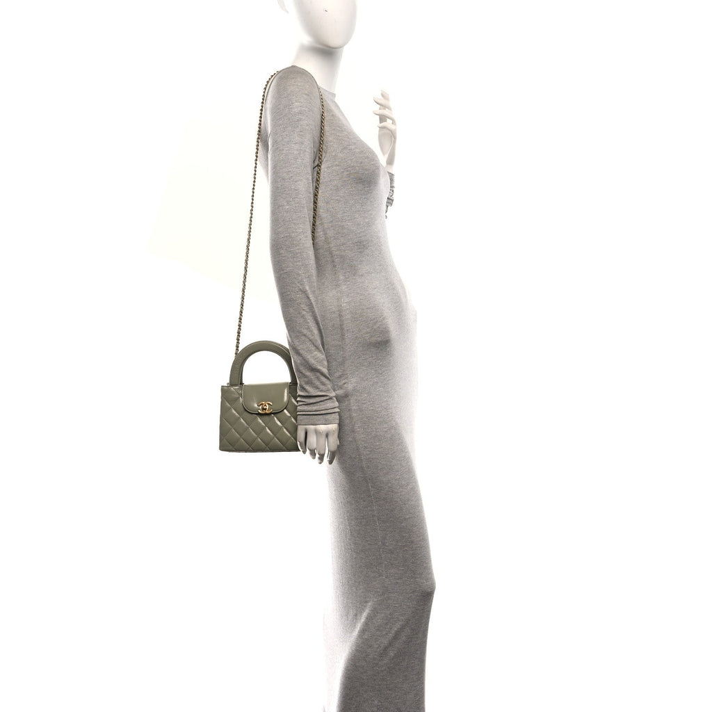 Shiny Aged Calfskin Quilted Nano Kelly Shopper Khaki