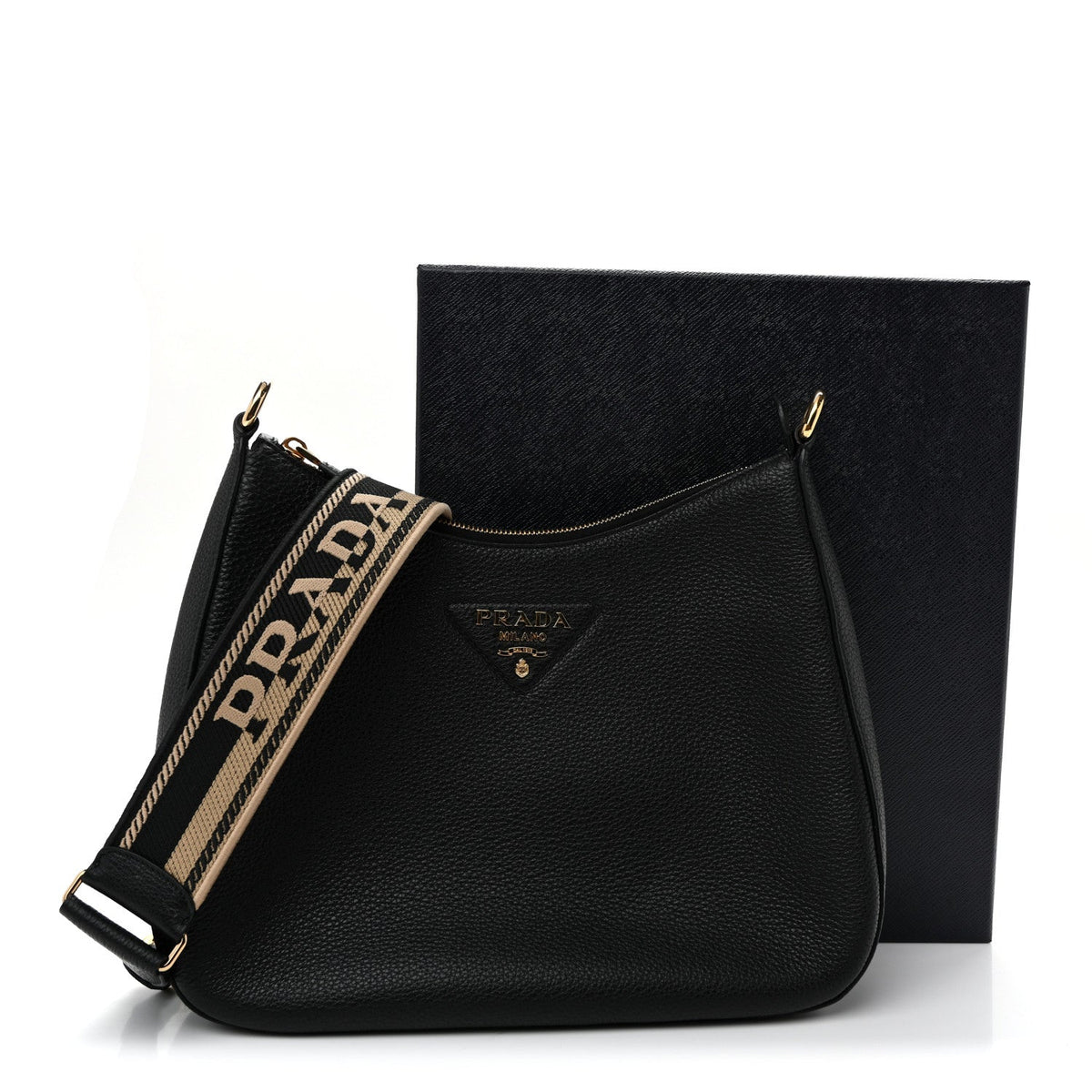 Vitello Daino Soft Large Zippered Messenger Hobo Black