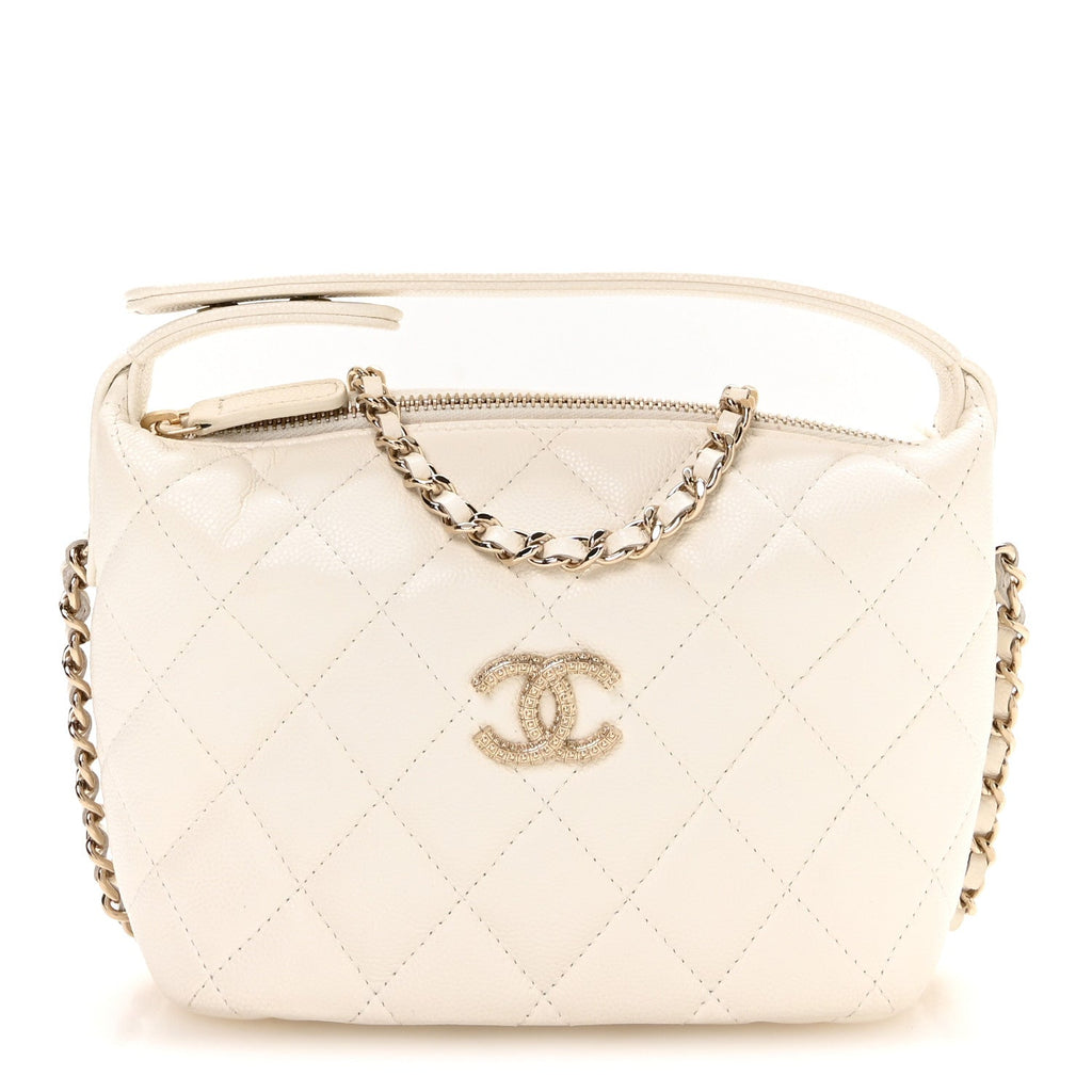 Caviar Quilted Hobo Clutch With Chain White